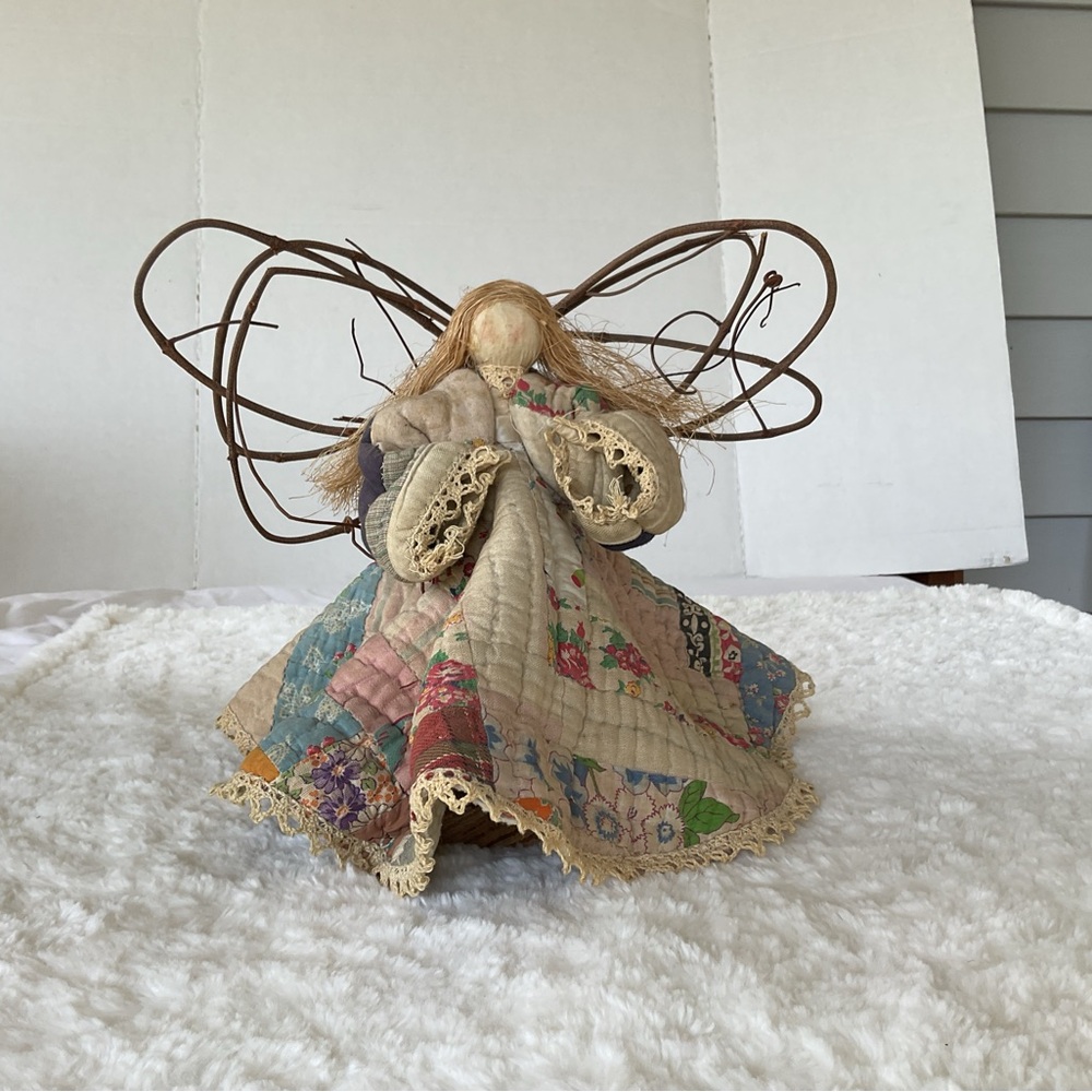 Handcrafted Patchwork Angel Figurine in Neutral Tones